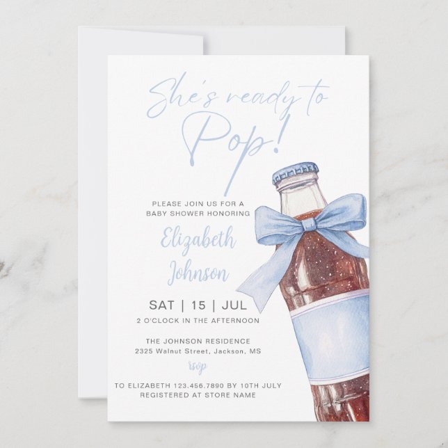 Invitation Blue Bow Soda Bottle Baby Shower All In One (Devant)