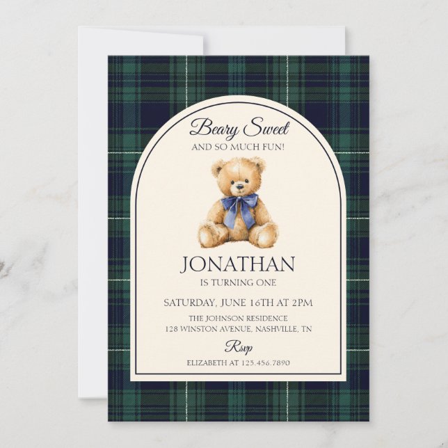 Invitation Blue Bow Teddy Bear Tartan Birthday (Devant)