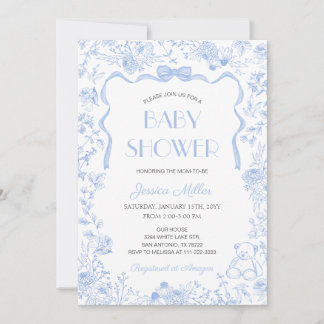 Invitation Blue Bow Toile De Jouy Boy Baby Shower