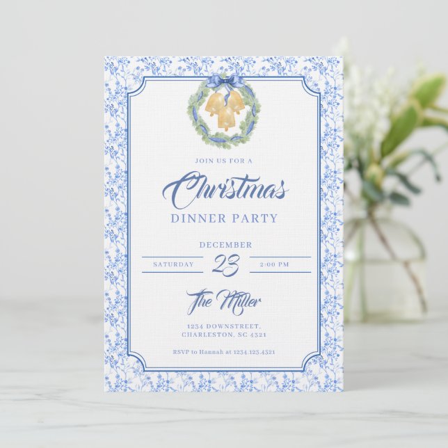 Invitation Blue Bow Watercolor Wreath Grandmillenial (Debout devant)