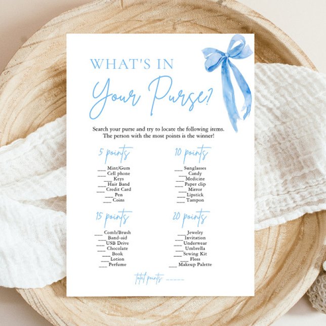 Invitation Blue Bow What's In Your Purse Fête des mariées Jeu (Modern Watercolor Dusty Blue Bow What's In Your Purse Bridal Shower Game)