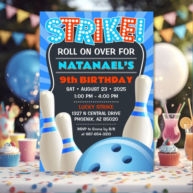 Invitation Blue Bowling Party Boys Anniversaire (Boys Bowling Party Invitation)