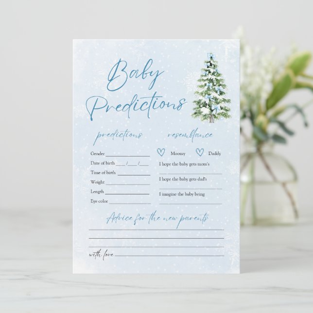Invitation Blue Bows Christmas Tree Snow Baby Prediction Game (Debout devant)