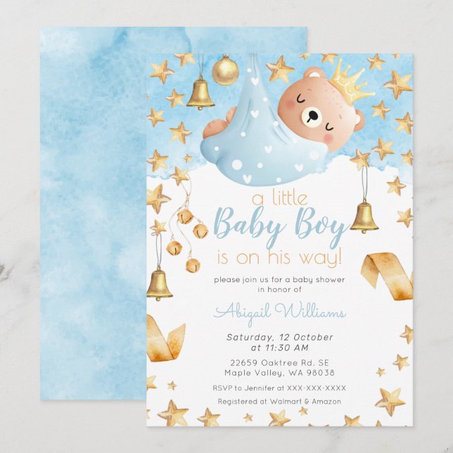 Invitation Blue Boy Bear sur son chemin, Gold Stars Baby show (Devant / Derrière)