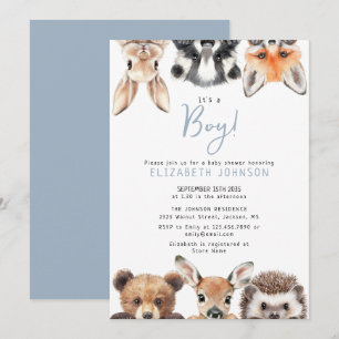 Invitation Blue Boy Cute Forest Bois Baby shower Animaux