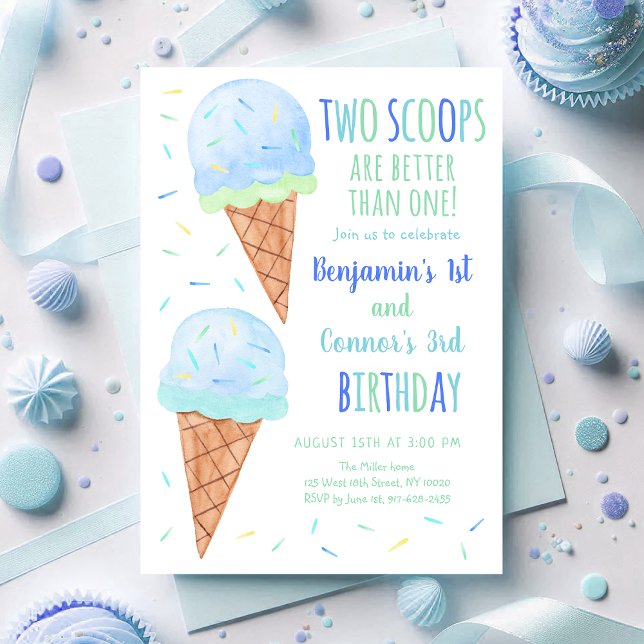 Invitation Blue Boy Deux Scoops Ice Cream Joint Anniversaire (Créateur téléchargé)