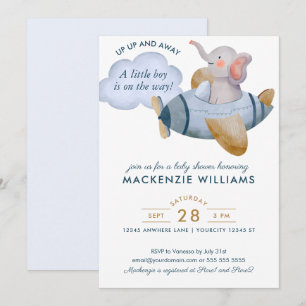 Invitation Blue Boy Elephant Plane Baby shower aquarelle