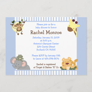 Invitation Blue Boy Jungle Safari Friends 5x7 Baby shower