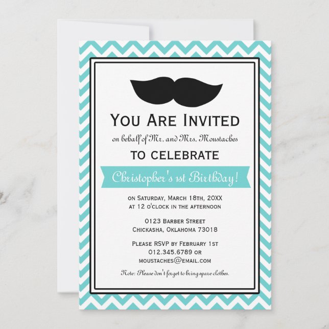 Invitation Blue Boy Mustache Chevron Anniversaire (Devant)