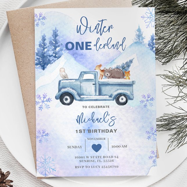 Invitation Blue Boy Woodland Camion d'hiver Onederland Annive (Créateur téléchargé)