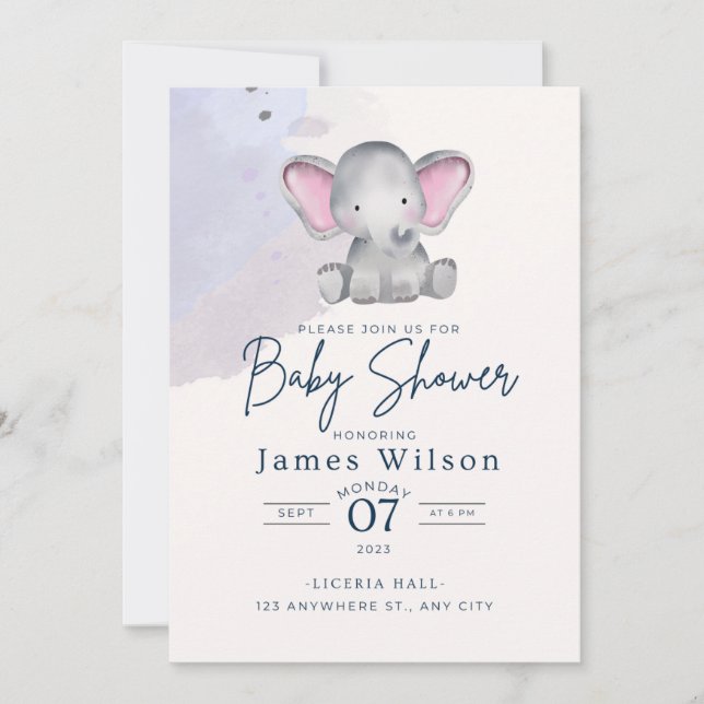 Invitation Blue Boy's Elephant Watercolor Baby shower (Devant)