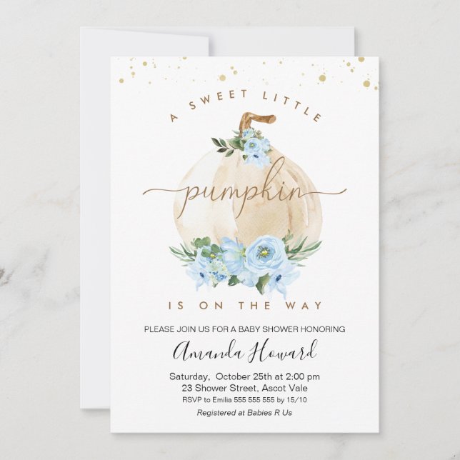 Invitation Blue Boys Little Citrouille Floral Baby shower (Devant)