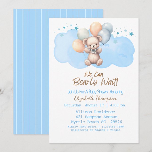 Invitation Blue Boys Nous Pouvons Attendre Le Baby shower Our (Devant / Derrière)