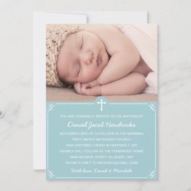 Invitation Blue Boys Photo Baptême/Invitation Christening (Devant)
