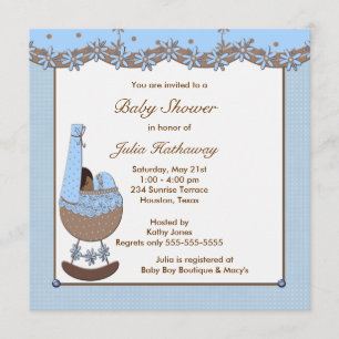 Invitation Blue Brown Berceau Ethnic Boy Douche