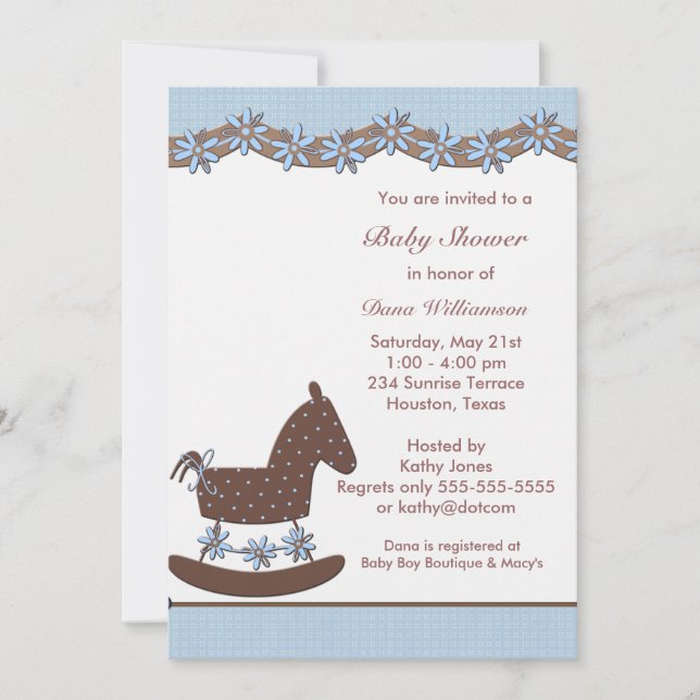 Invitation Blue Brown Rocking Horse Boy douche (Devant)