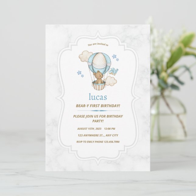 Invitation Blue Brown Teddy Bear Hot Air Balloon Boy (Debout devant)
