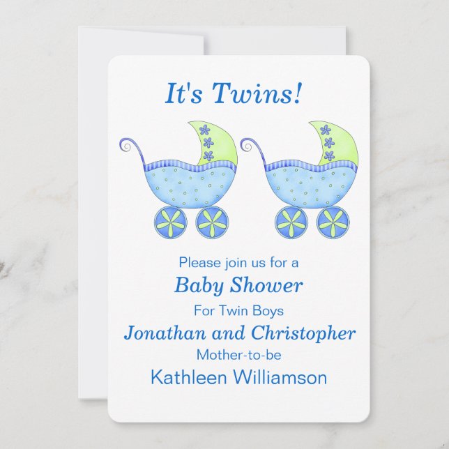Invitation Blue Buggy Carriage Twin Boys Baby shower (Devant)