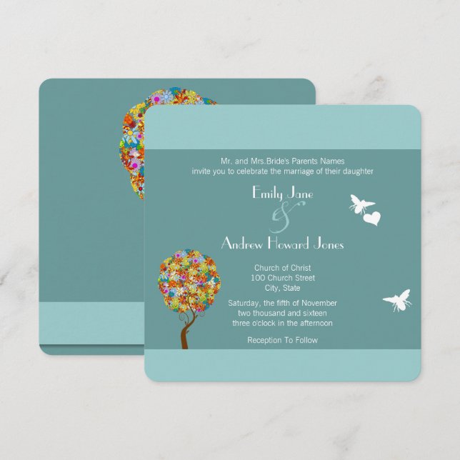 Invitation Blue Bumble Bee Forest Fairy Tale Wedding Invitati (Devant / Derrière)