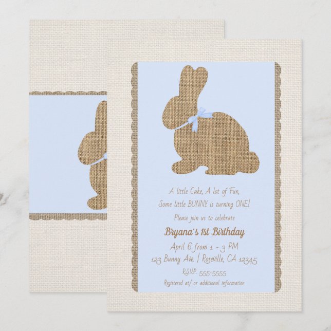 Invitation Blue & Burlap Bunny rustique Pâques 1er anniversai (Devant / Derrière)