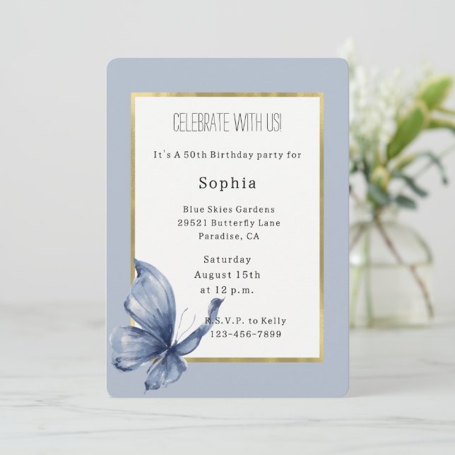 Invitation Blue Butterfly Birthday (Debout devant)