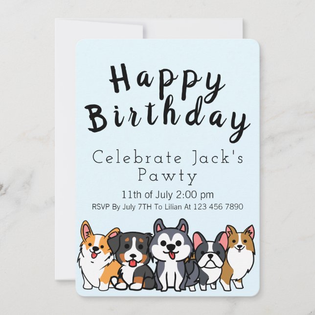 Invitation Blue - Celebrate Paw-ty caricature chiots Invitati (Devant)