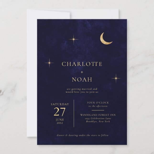 Invitation Blue Celestial Gold Moon Stars Photo QR Mariage (Devant)