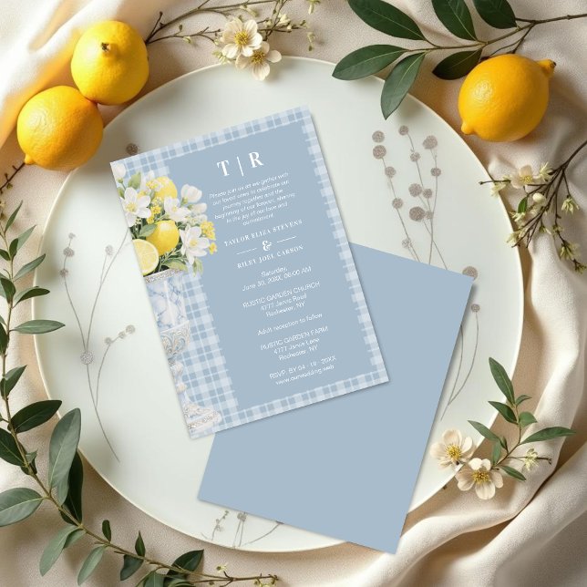 Invitation Blue Chalice Vase Mediterranean Lemons & Flowers (Blue Classic Chalice Vase with Mediterranean Lemons and Flowers Invitation Card Design.)