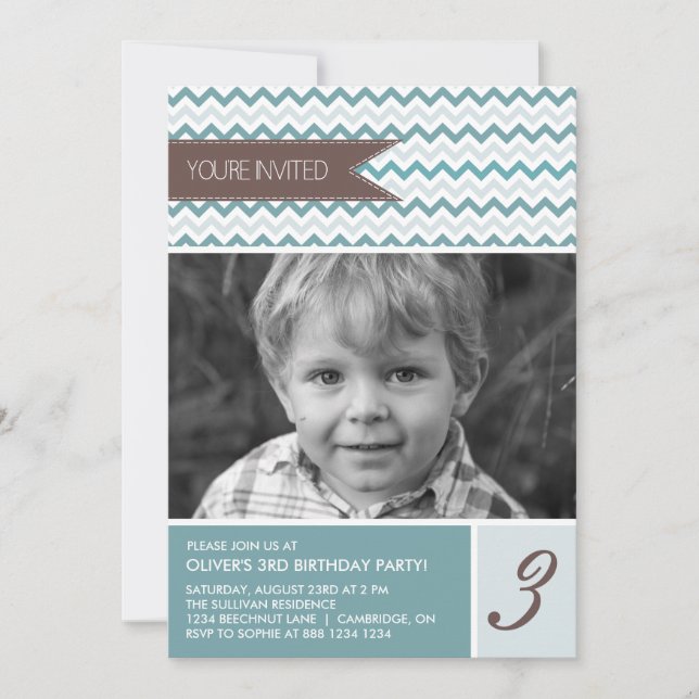 Invitation Blue Chevron Mod Photo Anniversaire Fête Invitatio (Devant)