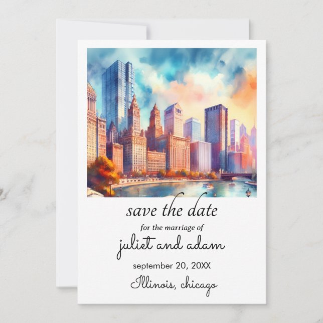 Invitation blue chicago mariage skyline enregistrer la date (Devant)