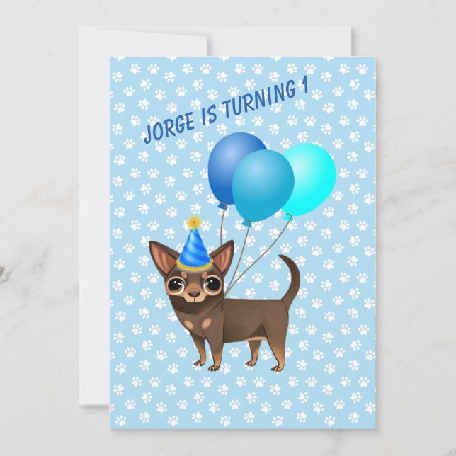 Invitation Blue Chihuahua Incitations pour le premier anniver (Devant)