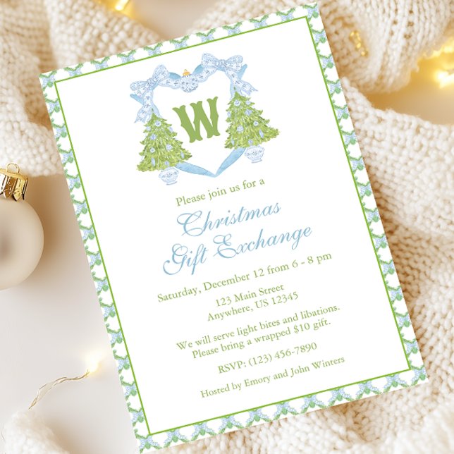 Invitation Blue Chinoiserie Arbre de Noël Monogram Crest (Créateur téléchargé)