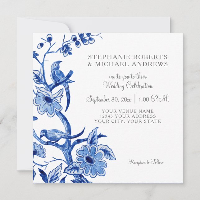 Invitation Blue Chinoiserie Asiatique Chine Floral Aquarelle (Devant)