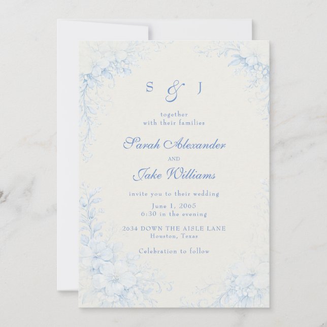 Invitation Blue Chinoiserie Floral Cream Wedding (Devant)