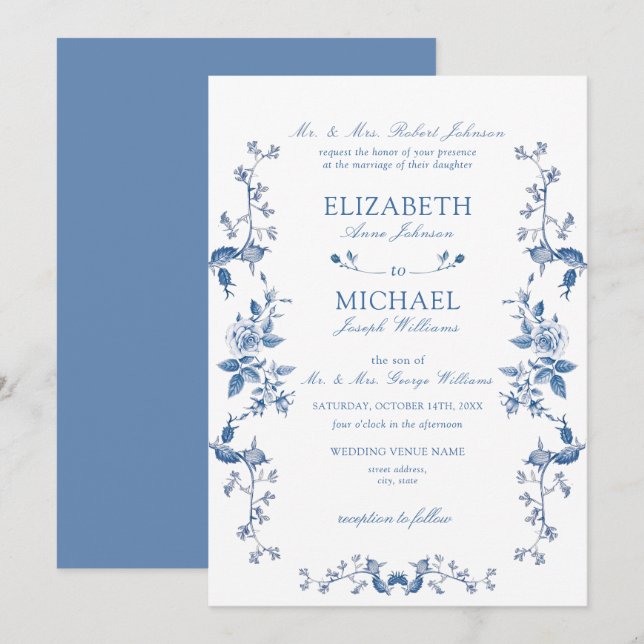 Invitation Blue Chinoiserie Français Vintage Mariage victorie (Devant / Derrière)