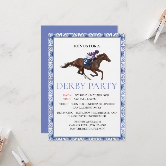 Invitation Blue Chinoiserie Horse Race Derby Party Invite (Devant/Arrière en situation)