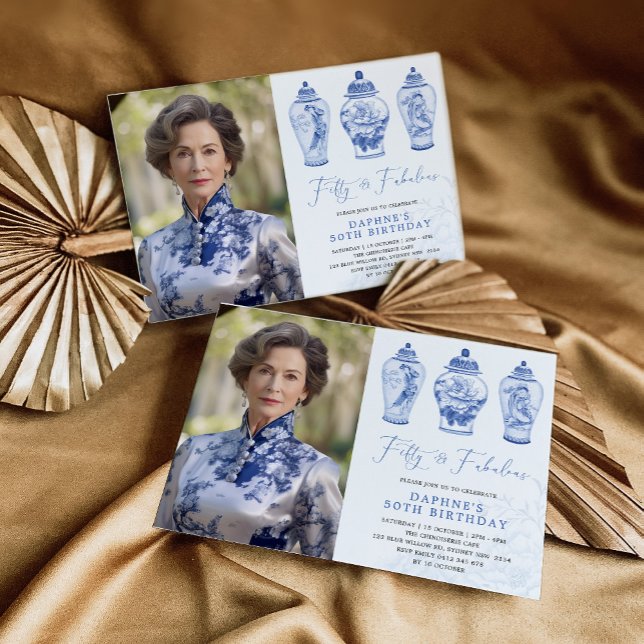 Invitation Blue Chinoiserie Porcelain 50e anniversaire Photo (Créateur téléchargé)