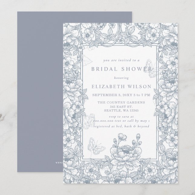 Invitation Blue Chinoiserie Toile Floral Bridal Shower (Devant / Derrière)