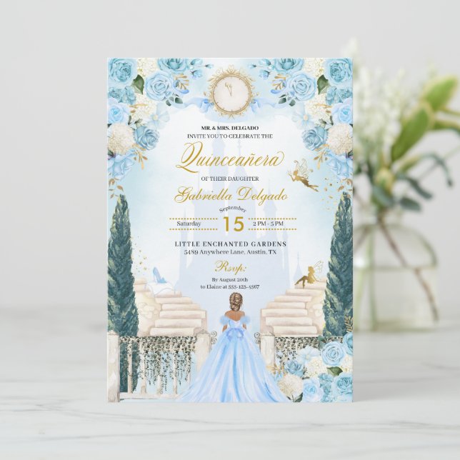 Invitation Blue Cinderella Princesse Fairy Quinceanera (Debout devant)