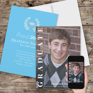 Invitation Blue Classic Graduation Party Photo personnalisée