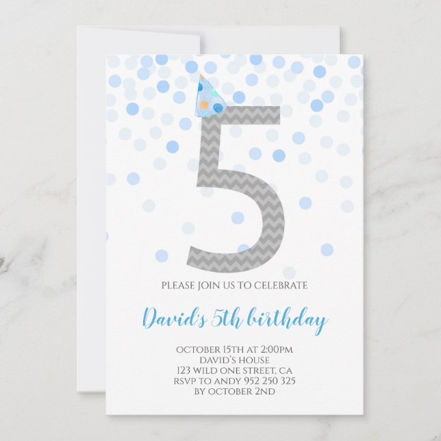 Invitation Blue Confetti Boy Party 5e anniversaire (Devant)