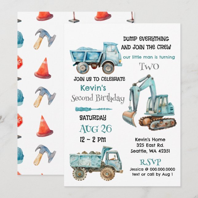 Invitation Blue Construction Camions Garçon fête d'anniversai (Devant / Derrière)