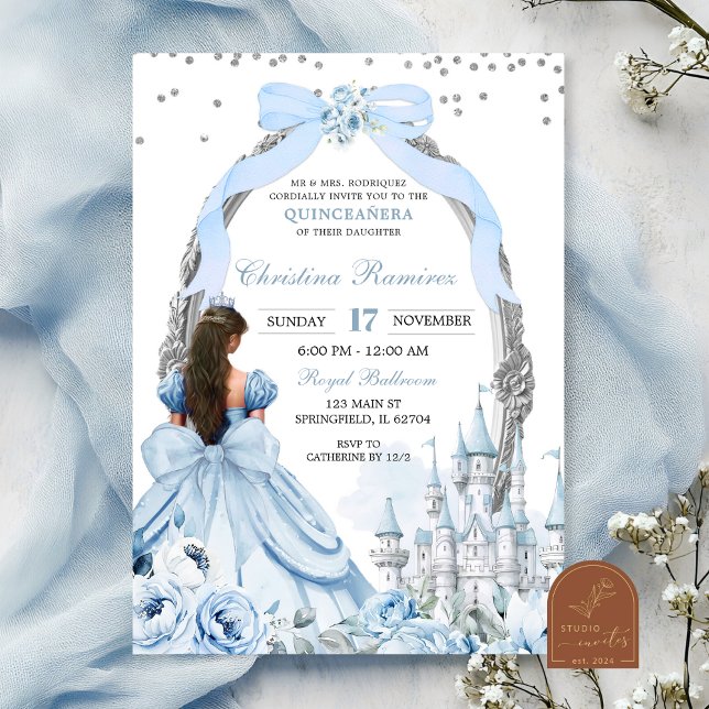 Invitation Blue Coquette Bow Fairytale Castle Quinceanera (Créateur téléchargé)