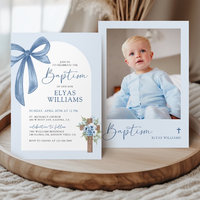 Invitation Blue Coquette Bow Floral Cross Boy Baptism Photo (Créateur téléchargé)