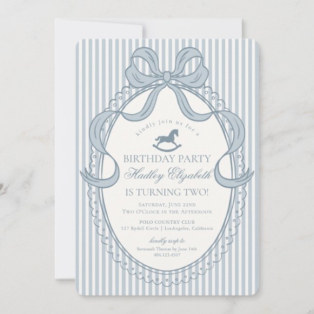 Invitation Blue Coquette Bow Rocking Horse Birthday (Devant)