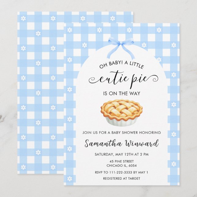 Invitation Blue Coquette Cutie Pie Baby Shower (Devant / Derrière)