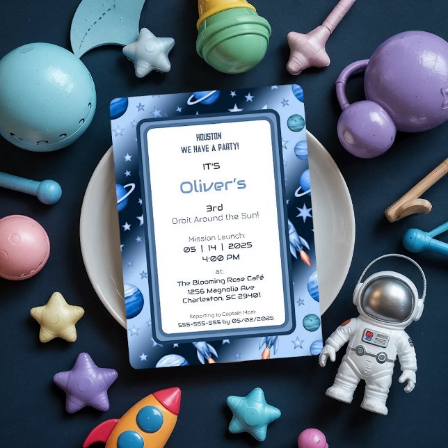 Invitation Blue Cosmic Rocket et Planet fête d'anniversaire (Créateur téléchargé)