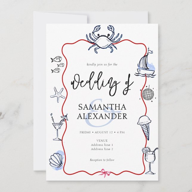 Invitation Blue Crab Doodle Beach QR Code RSVP Casual Wedding (Devant)