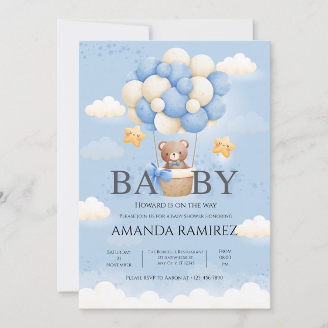 Invitation Blue & Cream Elephant Baby Boy Douche (Devant)