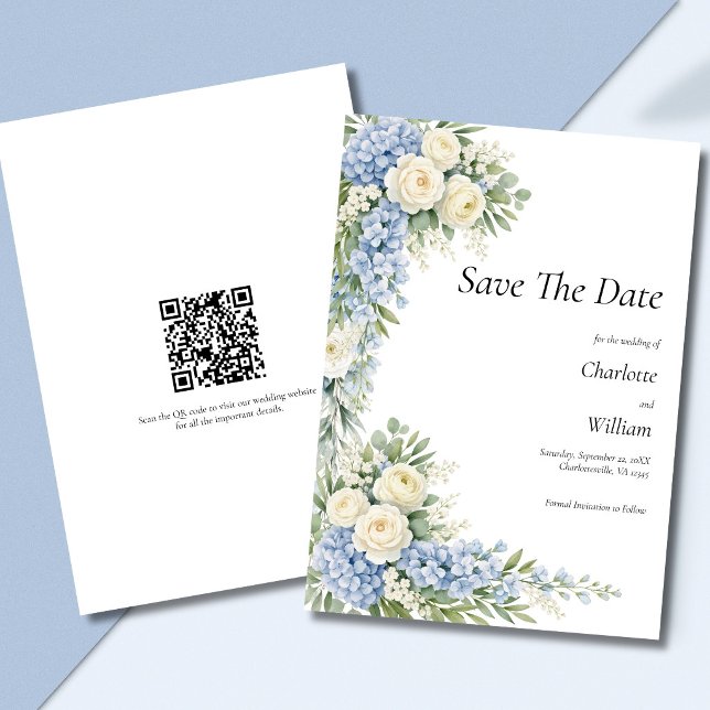 Invitation Blue Cream Florals Wedding Save The Date QR Code (Blue cream white watercolor florals Wedding Save the date Card with QR code on back)